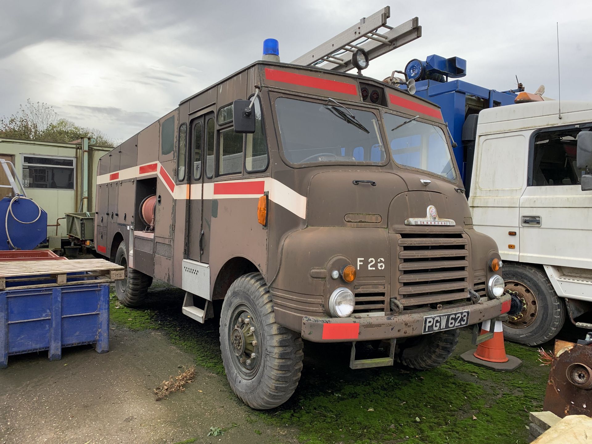 Bedford Green Goddess fire engine, PGW 623, with V5, complete, ex MOD, petrol engine, with spare