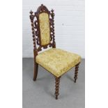 19th century walnut chair with scrolling top rail and barley twist back and legs, damask style