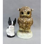 Continental porcelain Owl night light and a black and white glazed French Bull dog figure, tallest