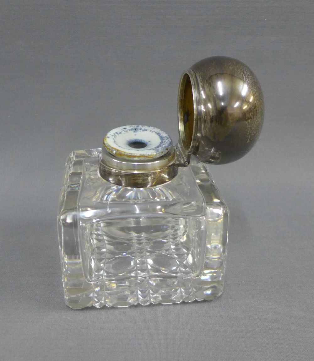 Edwardian silver topped glass inkwell, John Grinsell & Sons, London 1902, of square form with a - Image 2 of 3