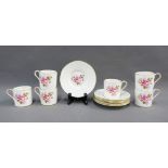 Aynsley bone china set of six demi tasse coffee cups and six saucers, painted with roses and with