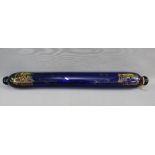 Large Bristol blue glass rolling pin, with remnants of a coloured pattern, approx 77cm long