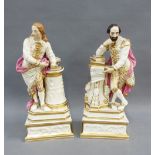 Pair of 19th century figures in cream and pink glaze, each of a Gent, modelled standing and leant on