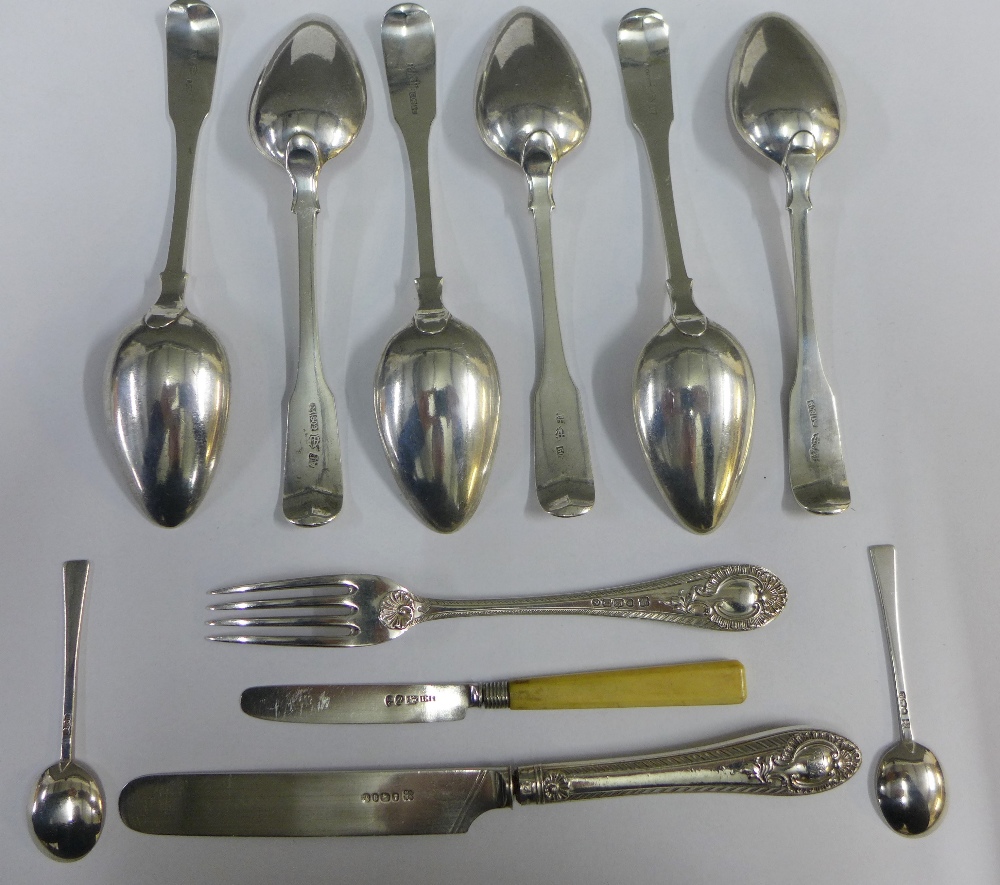 Set of six 19th century silver spoons, fiddle pattern with engraved motto 'Sicker' and fist and - Image 2 of 2