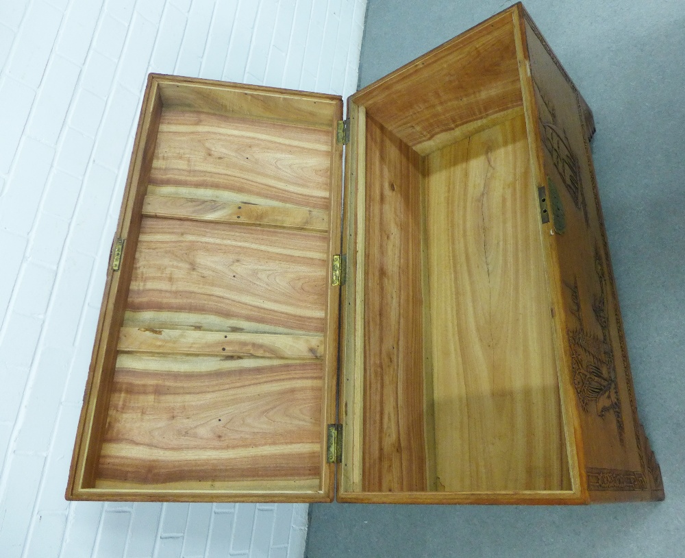 Camphor wood blanket box / storage trunk, with hinged lid and void interior, carved with a pagoda - Image 4 of 4