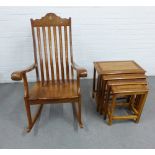 Eastern hardwood and mixed metal inlaid rocking chair, 110 x 63cm, and a nest of four tables, (2)