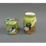 Moorcroft enamel baluster vase and box, in duck pattern, with factory backstamps and initials SJS,