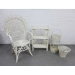 A vintage white painted Peacock rattan chair, 103 x 60cm, together with an open shelving unit and