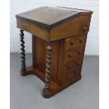 19th century rosewood Davenport with sloping top, drawers to side and barley twist uprights, 70 x