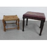 Early 20th century stool with worn red leather seat and an oak stool, 40 x 43cm (2)