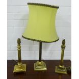 Three brass corinthian column table lamp bases, (3)