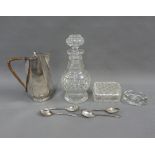 Mixed lot to include an Epns hot milk pot, cut glass decanter and stopper and Epns teaspoons,