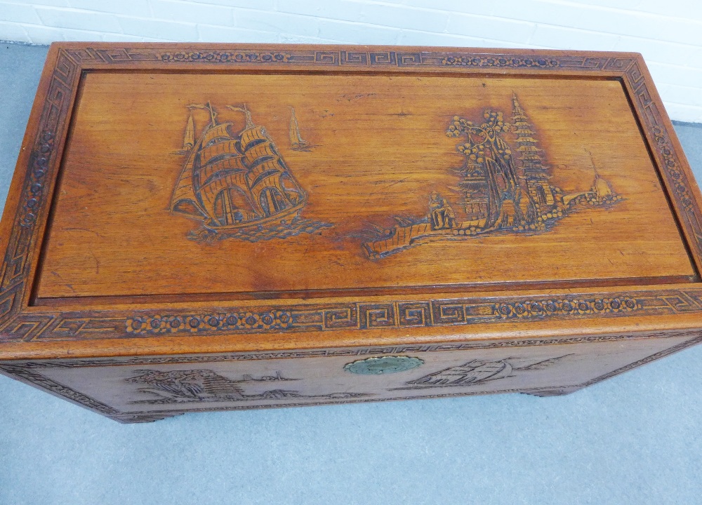 Camphor wood blanket box / storage trunk, with hinged lid and void interior, carved with a pagoda - Image 3 of 4