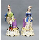 Pair of continental porcelain male and female figures, (some losses) 29cm high (2)