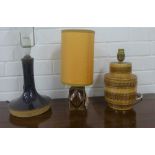 Three retro pottery table lamp bases to include Axella of Denmark, Holkham and a Bitossi style,