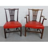 Mahogany open armchair with vertical splat back, scroll arms and red vinyl seat, together with a