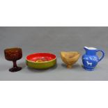 Poole pottery bowl in Delphis pattern, an amber glass goblet, Wade jug and a Michael O'Donnell