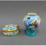 Moorcroft enamel baluster vase and pill box, in grebe pattern, with factory backstamps and