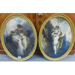 Pair of coloured prints, framed under glass in oval giltwood frames, size overall 56 x 40cm (2)