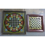 Verre Eglomise chess board with a geometric and circular ground with star motifs to each corner,