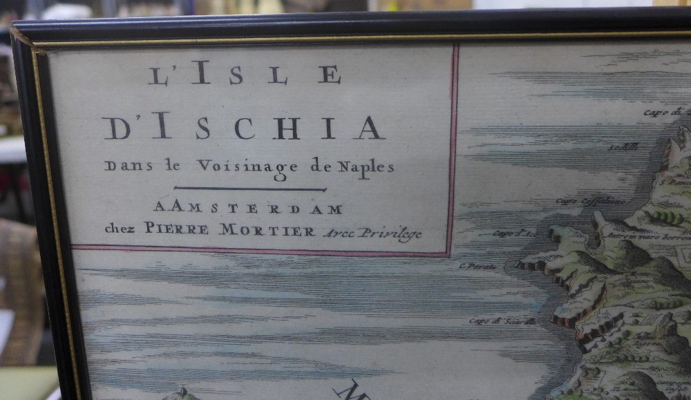 After Pierre Mortier, Amsterdam, L'Isle d'Ischia, a coloured map, framed under glass, 49 x 38cm - Image 2 of 2