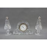 Waterford Crystal mantel clock, 13cm high, and pair of Waterford crystal castors with Epns tops, (3)