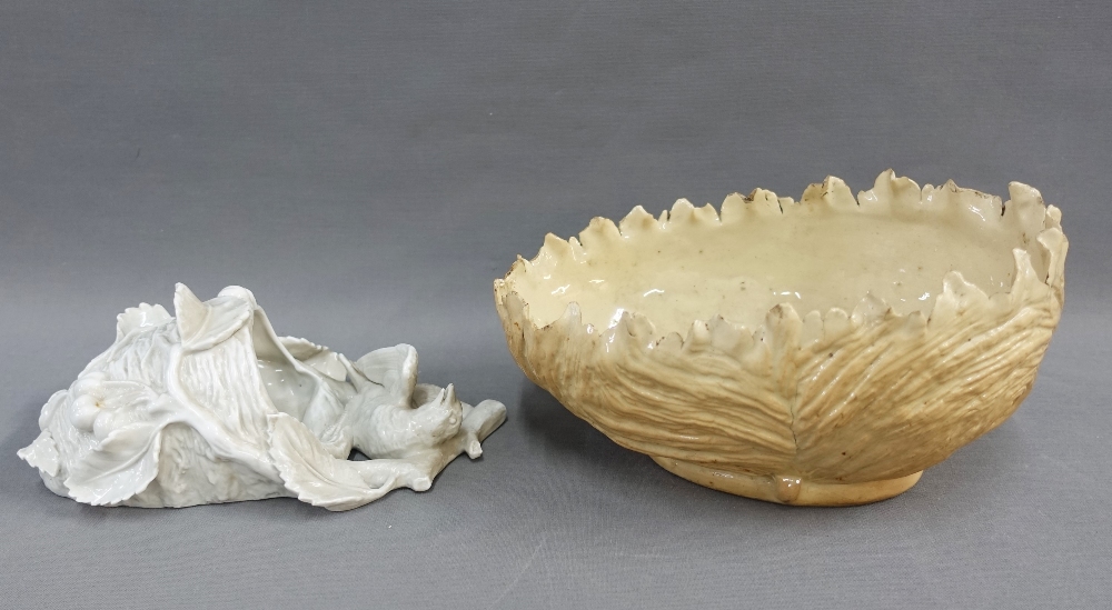 19th century Portobello 'Fajance' leaf moulded bowl and a white glazed wall vase, longest 26cm (2)