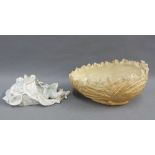 19th century Portobello 'Fajance' leaf moulded bowl and a white glazed wall vase, longest 26cm (2)