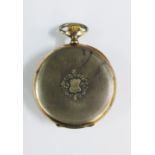 Longines silver cased and engine turned open faced pocket watch, the bezel and rear cover with