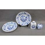 Three Hutschenreuther blue and white plates, matching porcelain tea caddy and jar, (6)