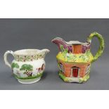 Staffordshire 19th century moulded jugs to include a cottage and another with hunting scene, tallest