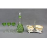 George Jones porcelain cream and sugar set in an Epns stand together with a green glass decanter