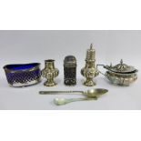 Silver items to include a Walker & Hall, Sheffield silver salt, and other silver condiments, etc (