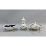 Silver plate on copper three piece condiment set of generous proportions, comprising salt, mustard