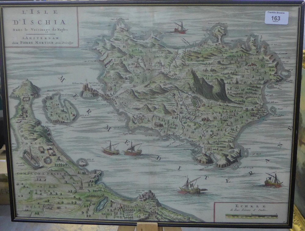 After Pierre Mortier, Amsterdam, L'Isle d'Ischia, a coloured map, framed under glass, 49 x 38cm