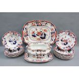 19th century Real Stone china Imari pattern table wares to include eight plates, six bowls, two