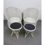 A pair of vintage white painted basket weave chairs, 82 x 80cm, each with a matching side table with