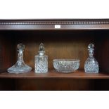 Three various glass decanters and associated stoppers and a glass bowl (4)