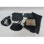 Five various vintage purses and evening bags and a black net scarf, 96)