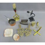 Mixed lot to include a flat iron, small copper pan, brass pounce pot, hardstone ashtrays, brass