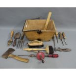 Collection of vintage tools in a wooden basket, (a lot)