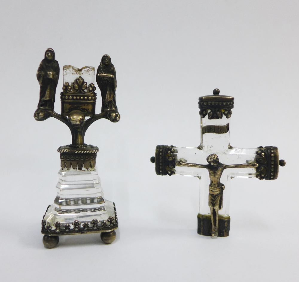 Early to mid 19th century Continental silver mounted rock crystal crucifix, Christ flanked by two