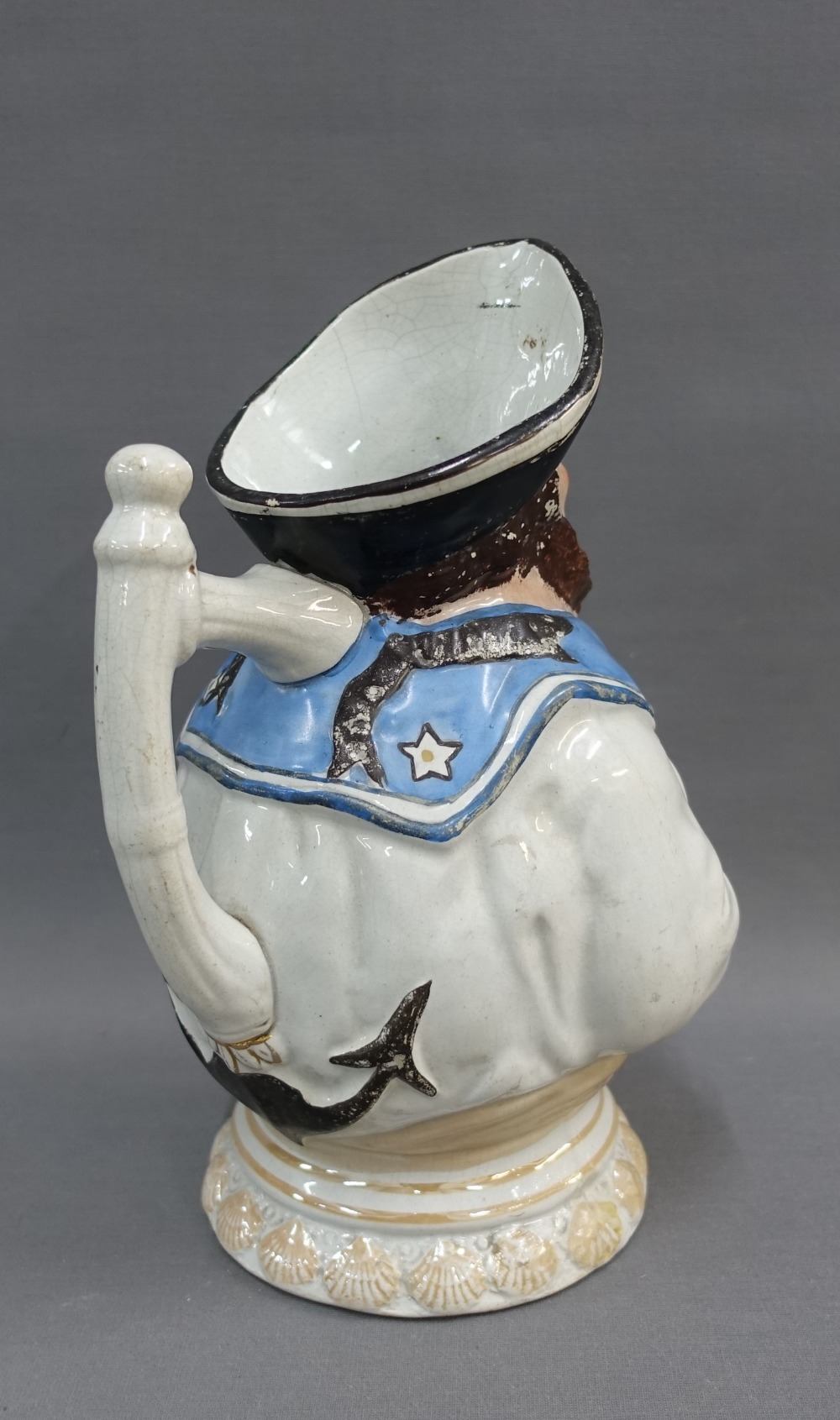 19th century Wemyss style Jolly Sailor moulded jug, with shell border, unmarked, 28cm high (a/f) - Image 2 of 3