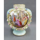 Continental porcelain vase with a handpainted panels with figures and opposing view flowers, against