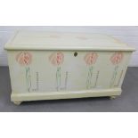 Pine blanket box, painted with Mackintosh style roses, with black iron handles to side, 61 x 108cm