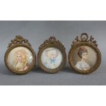 Three portrait miniatures on ivory to include Gaby, Loty and Fausta, contained in circular brass