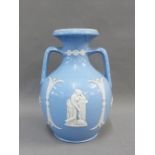 Dudson blue glazed vase with handles to side and with classical figures and flowers, impressed