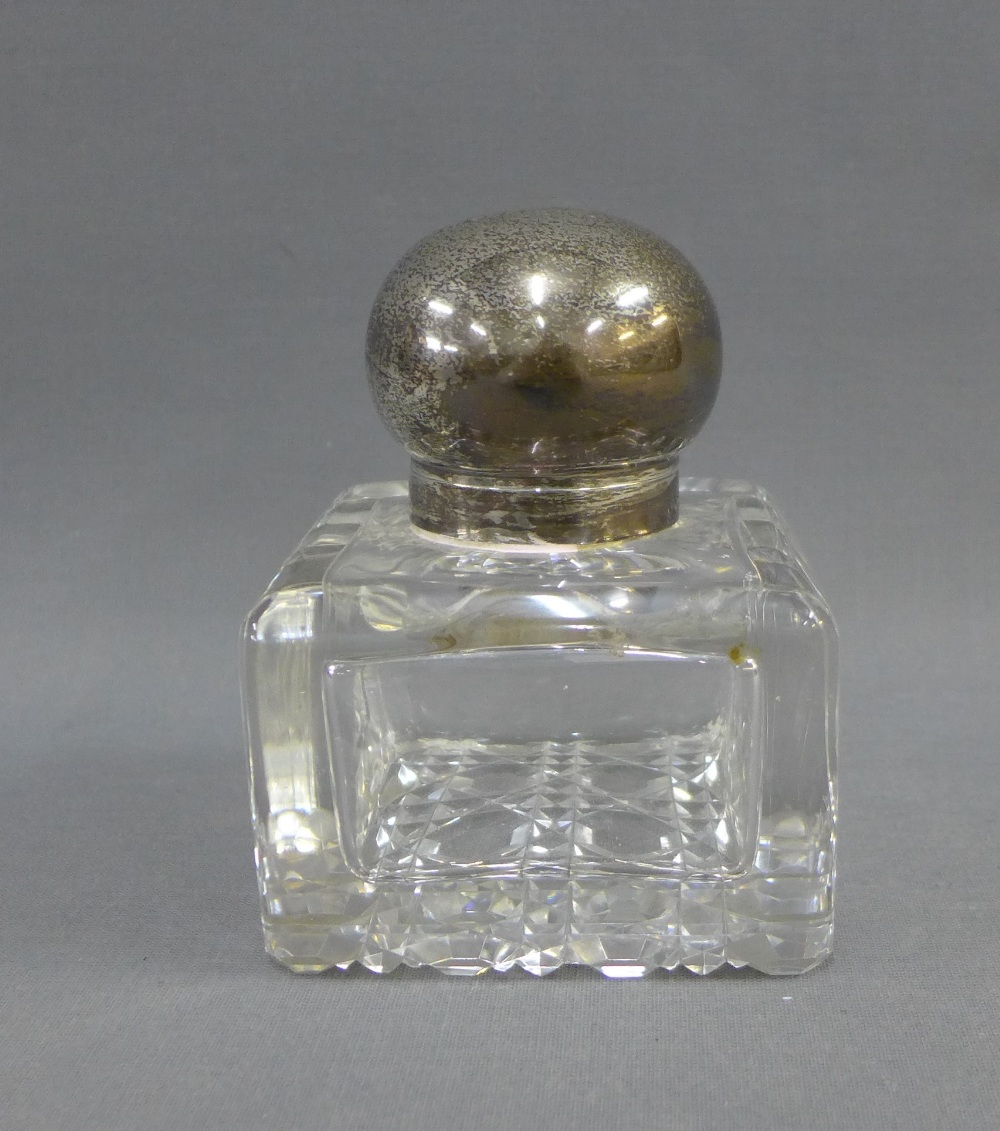 Edwardian silver topped glass inkwell, John Grinsell & Sons, London 1902, of square form with a