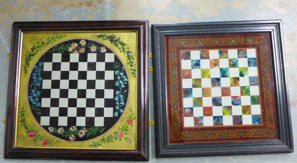 Verre Eglomise chess board with blue bells and daisies, together with another, both in wooden