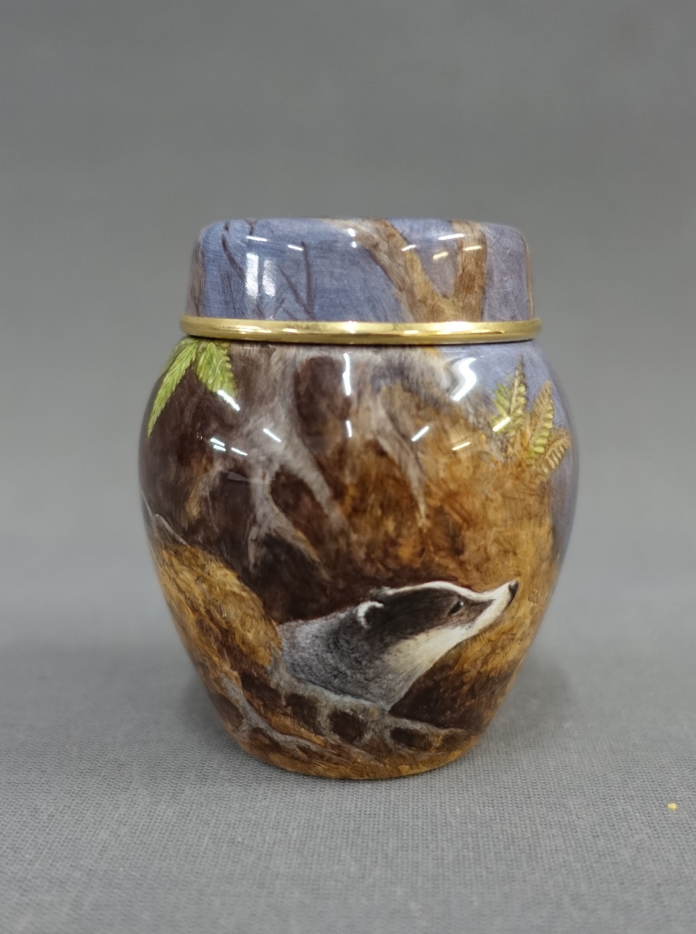 Moorcroft enamel vase and cover with Badger pattern, Ltd Ed No. 24/ 50, 7.5cm high